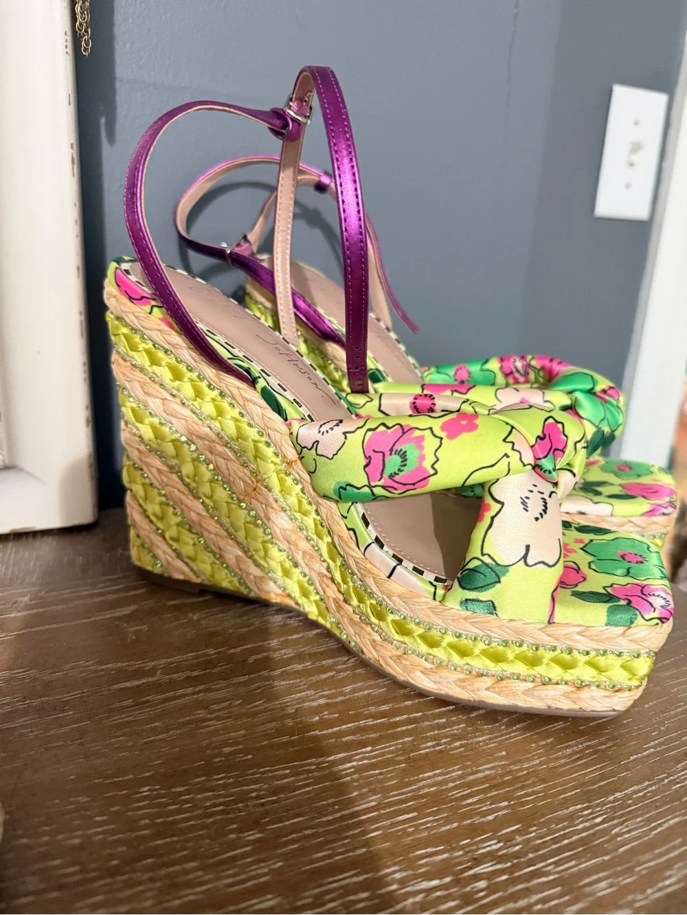 Betsey Johnson Lime Green Floral Platform Wedge Sandals with Pink Accents